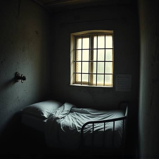 Imagen de una celda de aislamiento del siglo XIX con una cama sencilla y una ventana pequeña y enrejada.