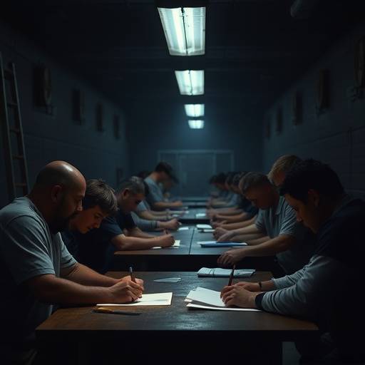 Un dibujo que muestra a prisioneros trabajando en silencio en un taller en una prisión del sistema de Auburn.