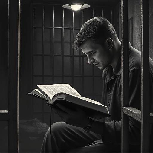 Un grabado que muestra una celda individual en una prisión del sistema de Filadelfia, con un prisionero leyendo la Biblia.